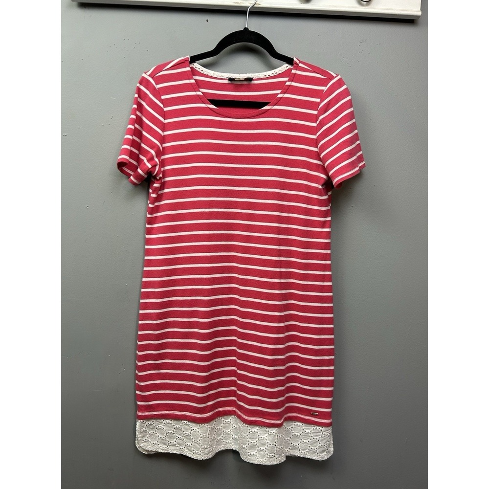 Tommy Hilfiger Dress Women Medium Pink/red White Stripe Eyelet Lace T-Shirt Mini